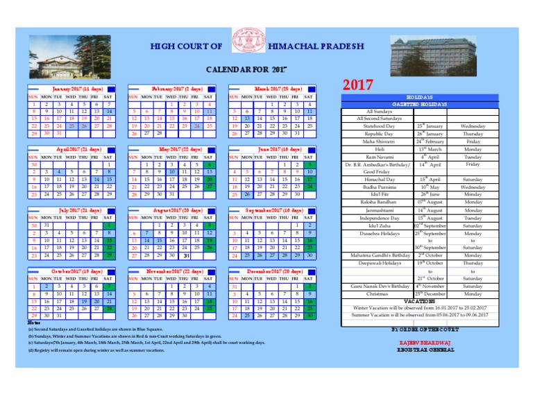 Himachal Pradesh High Court Calendar, 2017 | PDF | Public Holiday |  Traditions