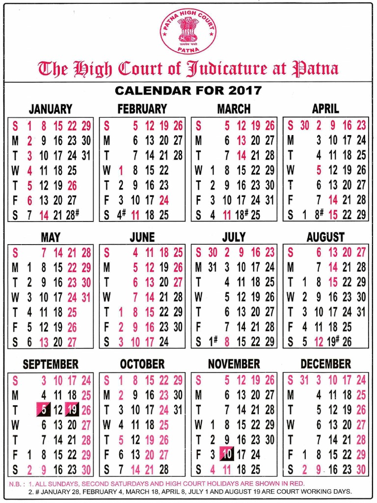 Patna High Court Calendar 2025 