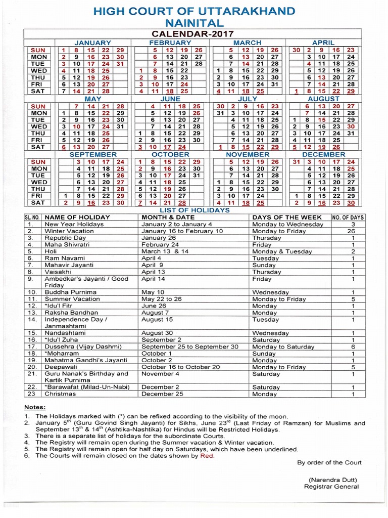 Uttarakhand High Court Calendar 2025 Pdf 