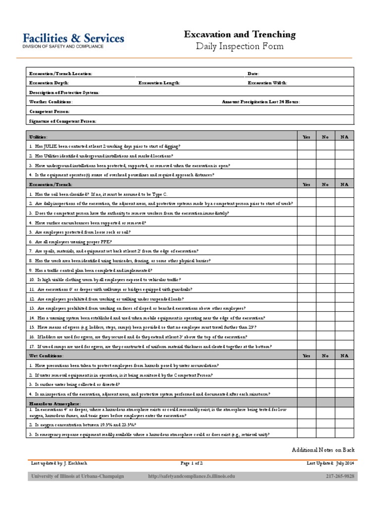 Excavation Safety Checklist OHS Resource Portal. Excavation/Trench