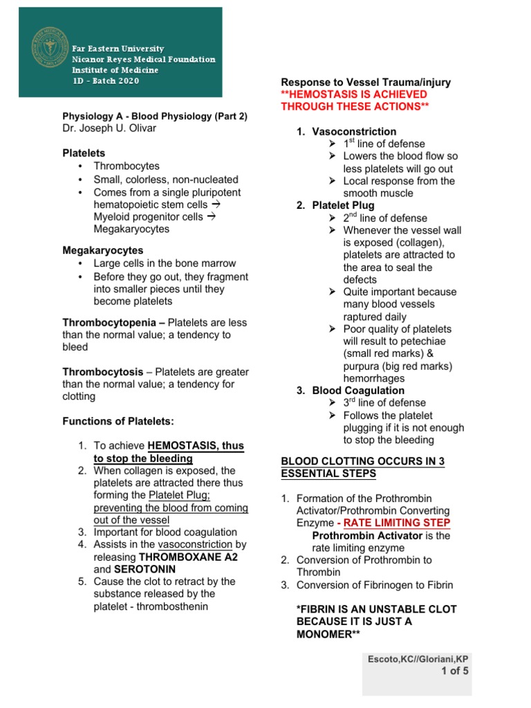 Blood Physiology Part 2 Dr. Olivar | PDF | Coagulation | Platelet