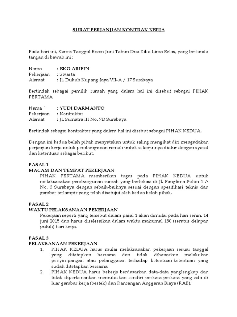 Kontrak Kerja Contoh Surat Perjanjian Kontrak Kerja Malaysia / Surat