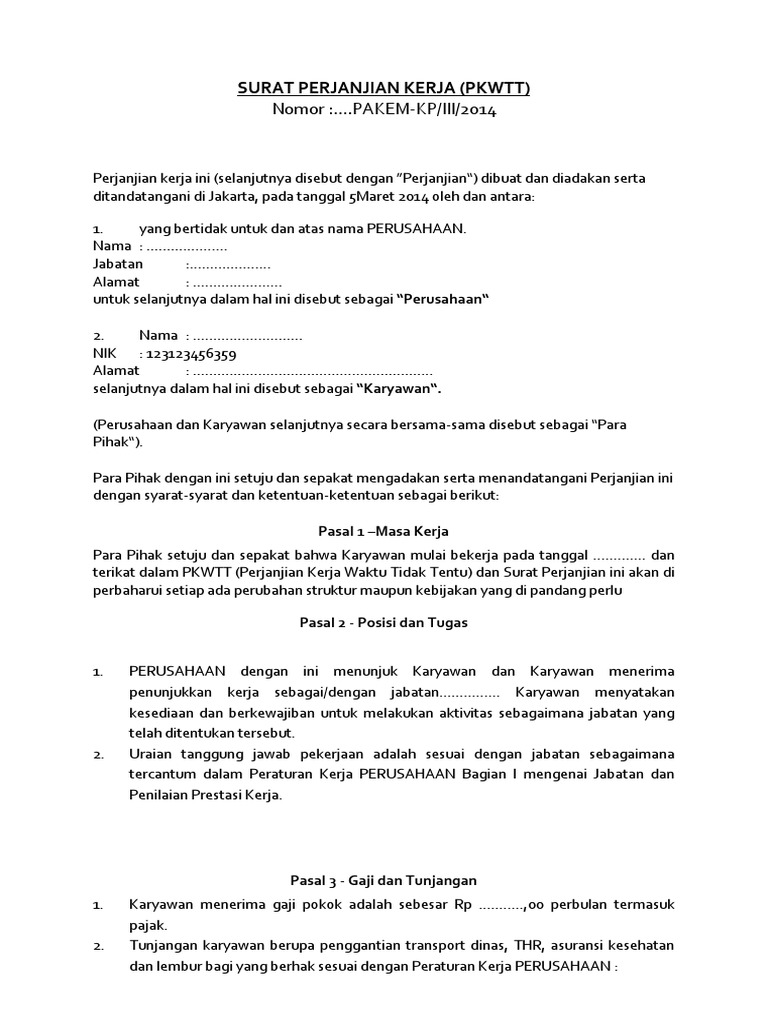 Surat Perjanjian Kerja Antara Karyawan Dengan Perusahaan Kumpulan Surat Penting