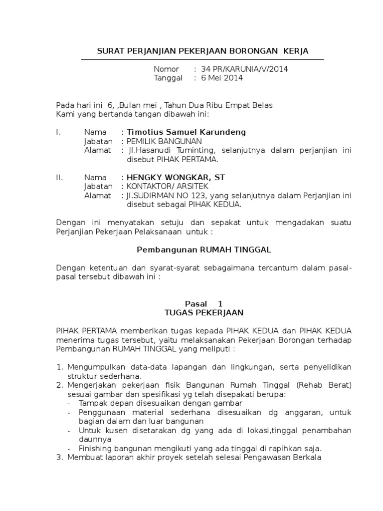 Surat Perjanjian Pekerjaan Borongan Kerja Pembangunan Rumah Tinggal  PDF