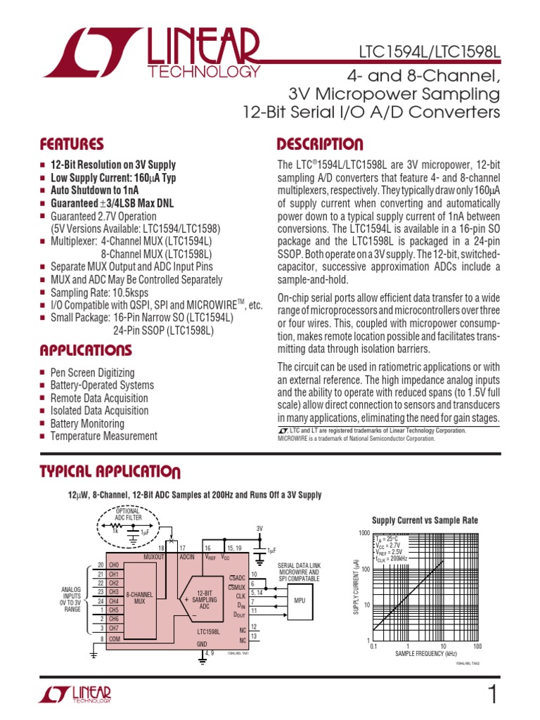 Descriptio Features LTC1594L/LTC1598L 4And 8Channel, 3V Micropower