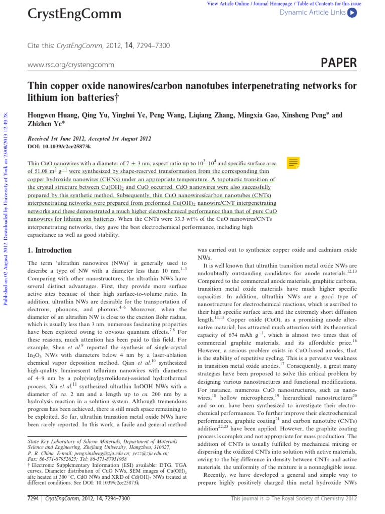 Thin Copper Oxide Nanowires PDF | PDF | Nanowire | Lithium Ion Battery