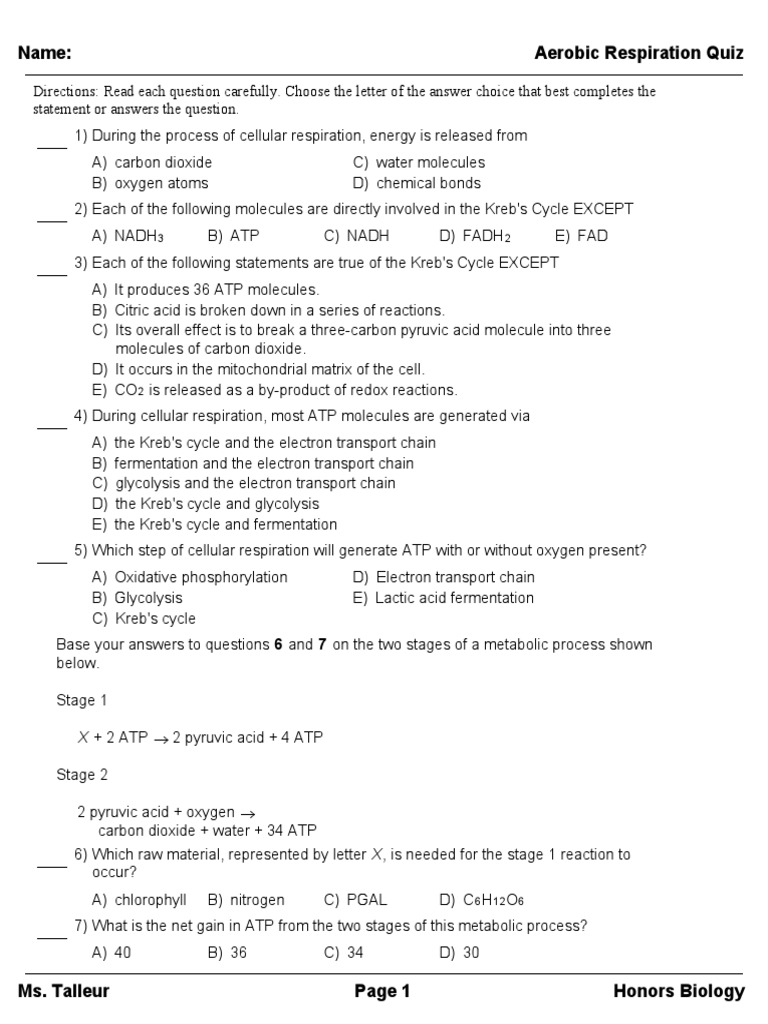 Aerobic Respiration Quiz SC | PDF | Cellular Respiration | Adenosine ...