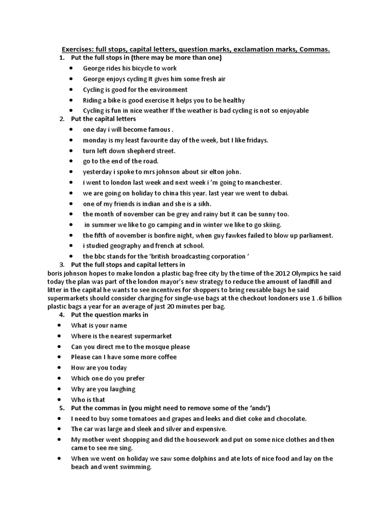 Exercises Full Stops, Capital Letters, Question Marks, Exclamation
