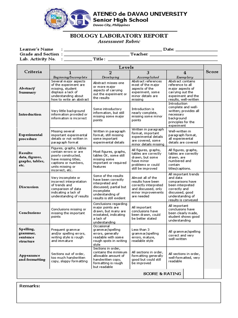 Biology Lab Report Assessment Rubric | PDF | Experiment | Rubric (Academic)