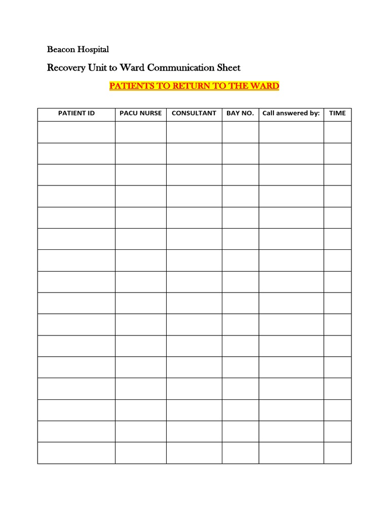 Beacon Hospital Recovery Communication Sheet | PDF