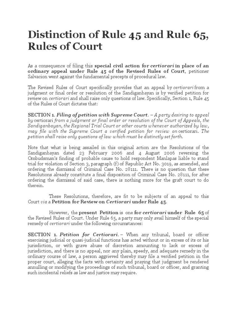 Distinction of Rule 45 and Rule 65 Certiorari Jurisdiction