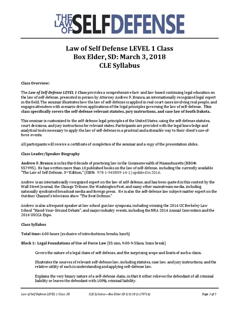 Law of Self Defense LEVEL 1 CLE SD Syllabus 180303 v170714 | PDF | Self ...