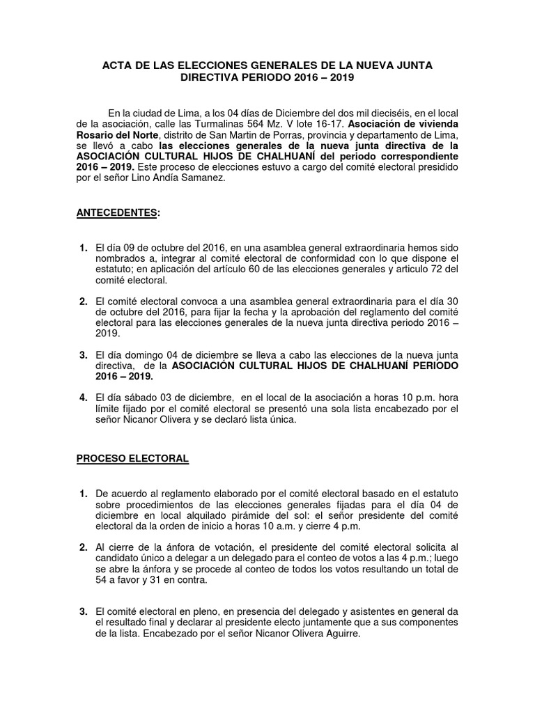 Formato De Acta De Elecciones