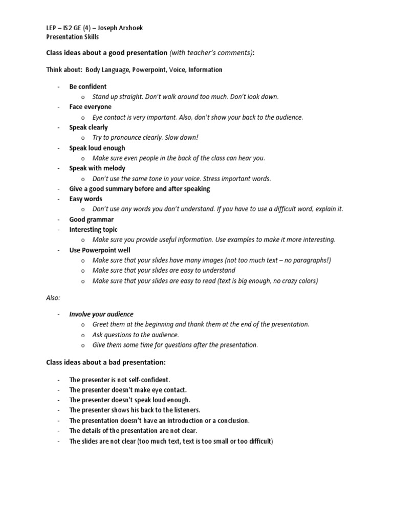 A Good Presentation PDF Body Language Vocabulary