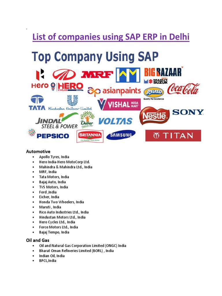 List of companies using sap erp companies of asia economy of india