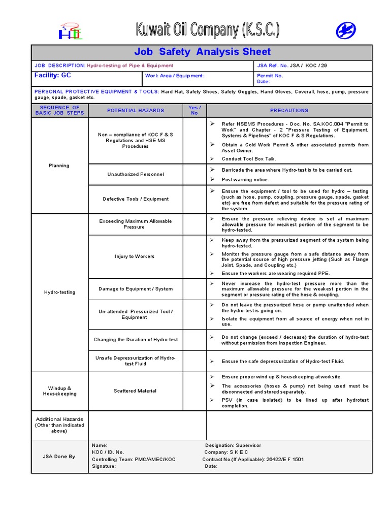JSA 29 Hydro Testing | PDF