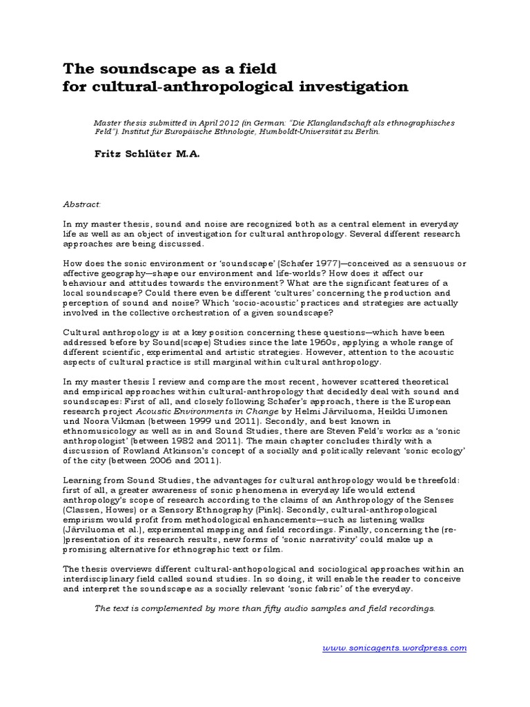 The Soundscape As A Field For Cultural-Anthropological Investigation ...