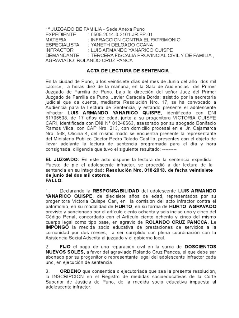 Acta de Lectura de Sentencia | PDF | Sentencia (Ley) | Ley Pública