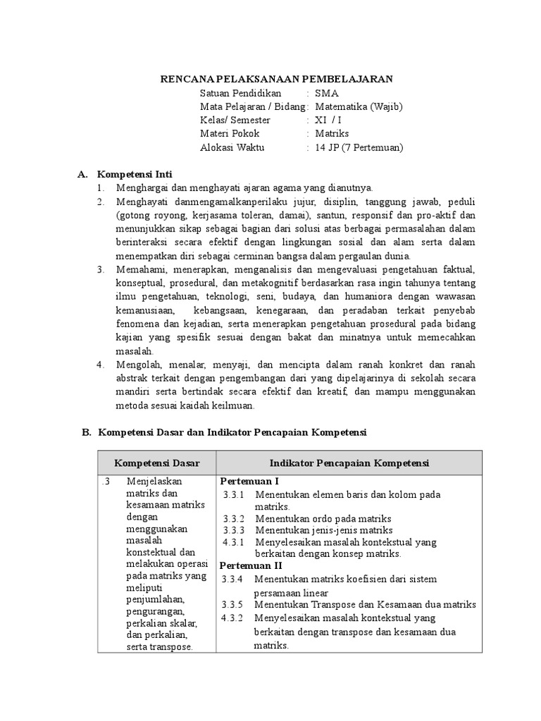 Rpp Kd 3 3 Kelas Xi Wajib Matriks Pdf