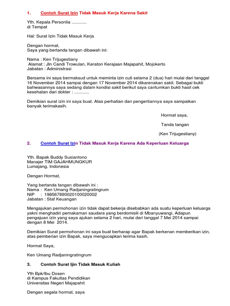 Contoh Surat Izin Tidak Masuk Kerja Karena Kepentingan