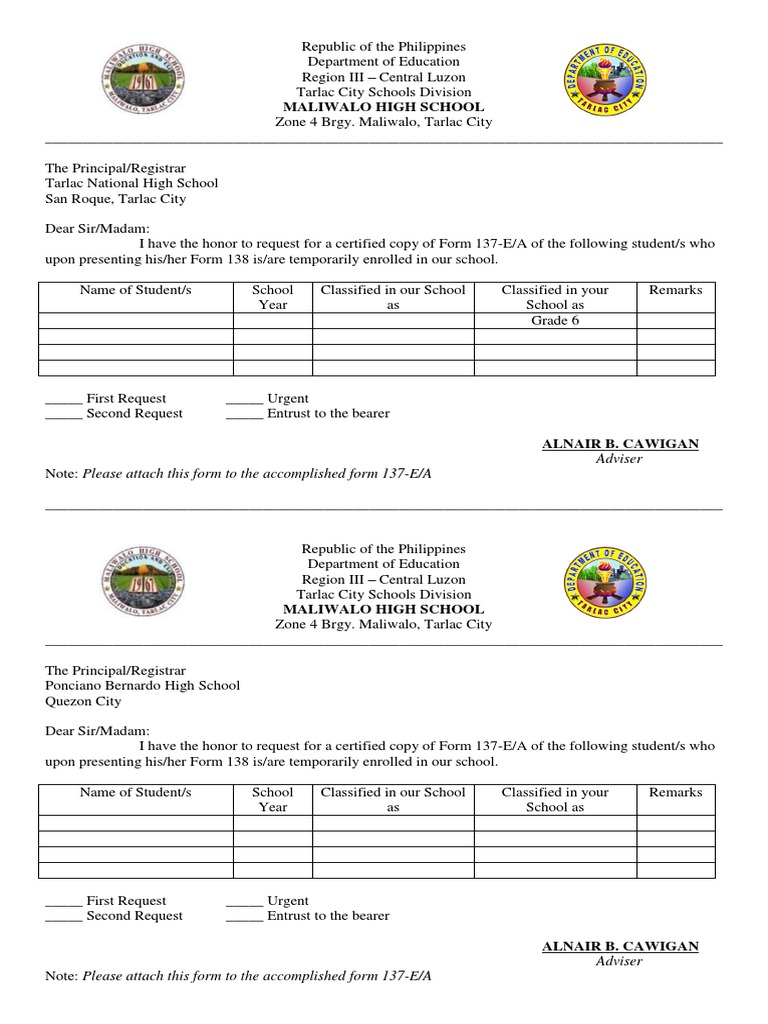 Request Form for Form 137 | Schools | Further Education