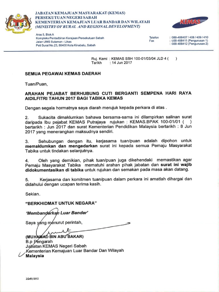 Arahan Pejabat Berhubung Cuti Berganti Sempena Hari Raya Aidilfitri Tahun 2017 Bagi Tabika Kemas Pdf
