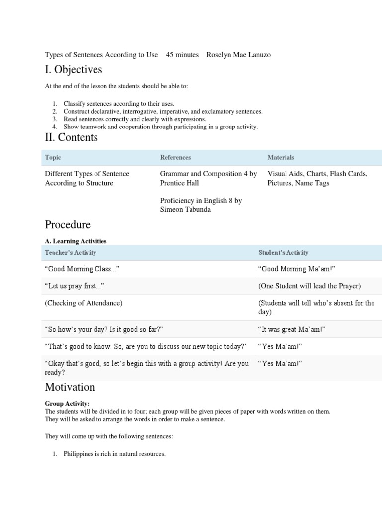 Types of Sentences According to Use Contextualization | Question