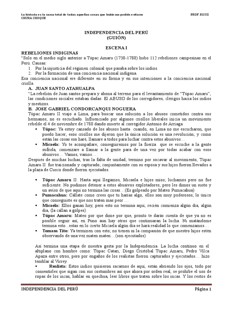 Guion Independencia Del Peru Libreto PDF Perú Personas