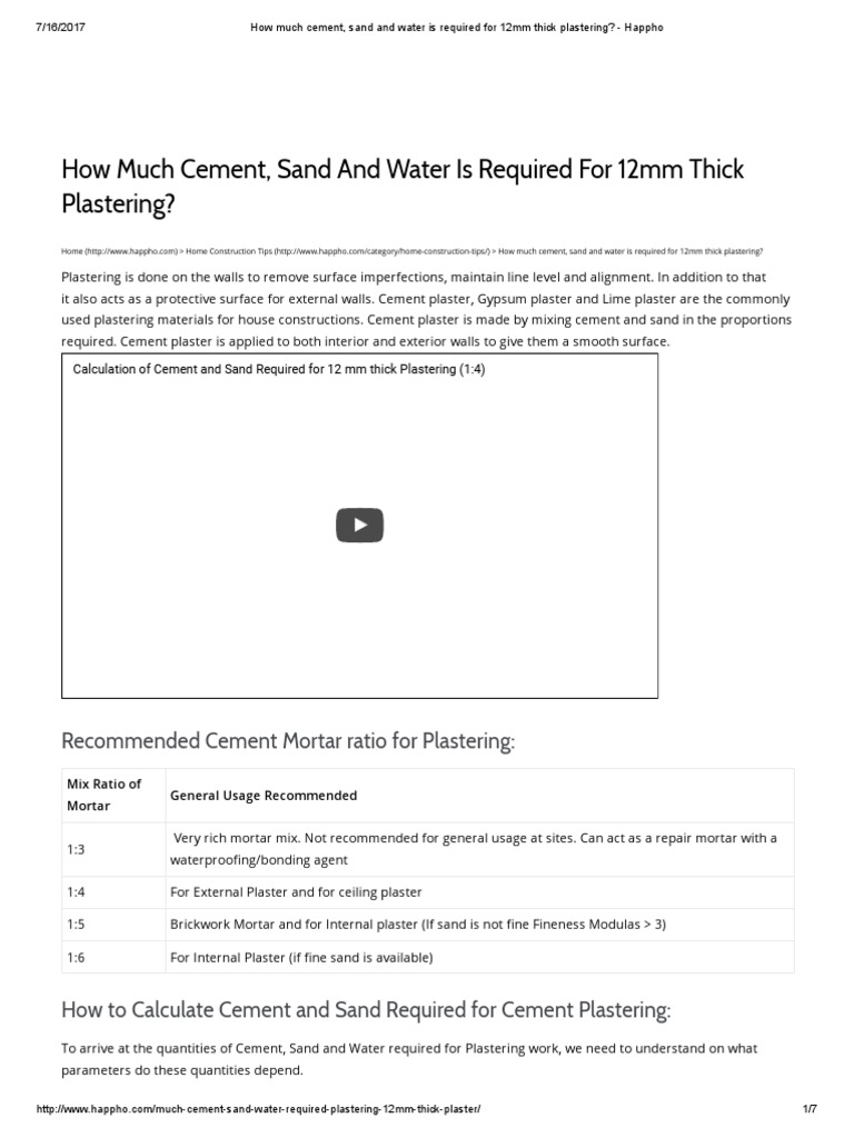 how-much-cement-sand-and-water-is-required-for-12mm-thick-plastering