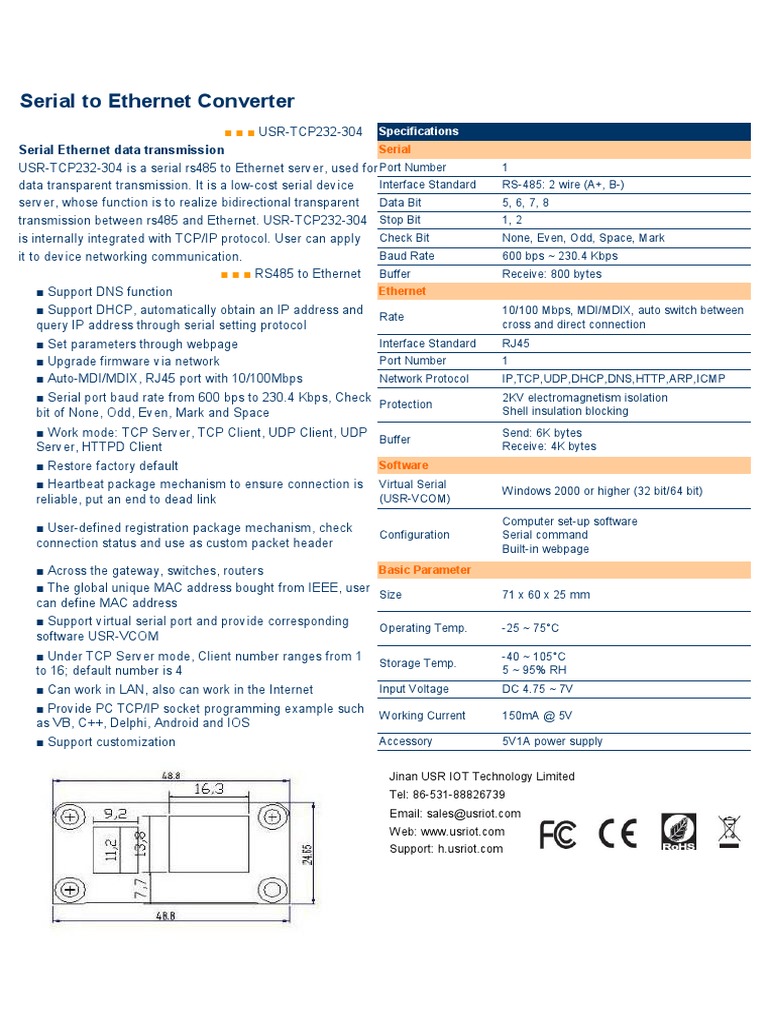 USR TCP232 304 Datasheet | Transmission Control Protocol | Port ...