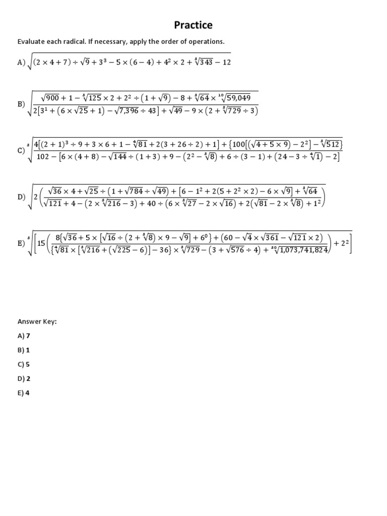 Radicals And Order Of Operations Física Y Matemáticas