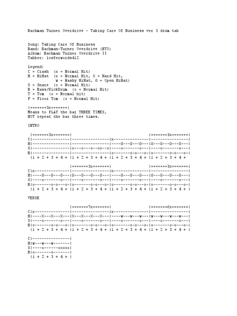 Bto Taking Care Of Busniness Drum Tab Musical Forms Recorded Music