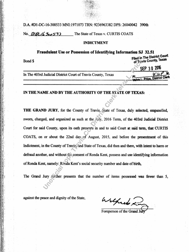 Curtis Coats Indictment On Fraudulent Use or Possession of Identifying