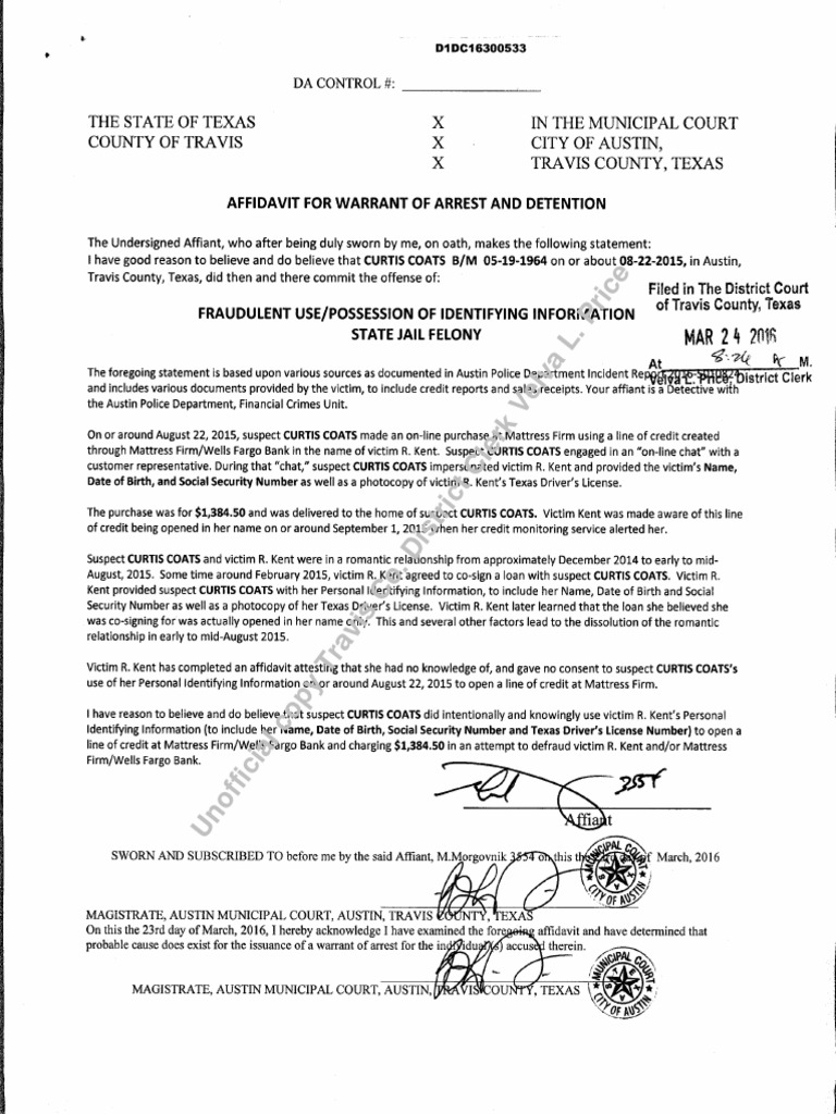 Arrest Affidavit for Curtis Coats March 2016