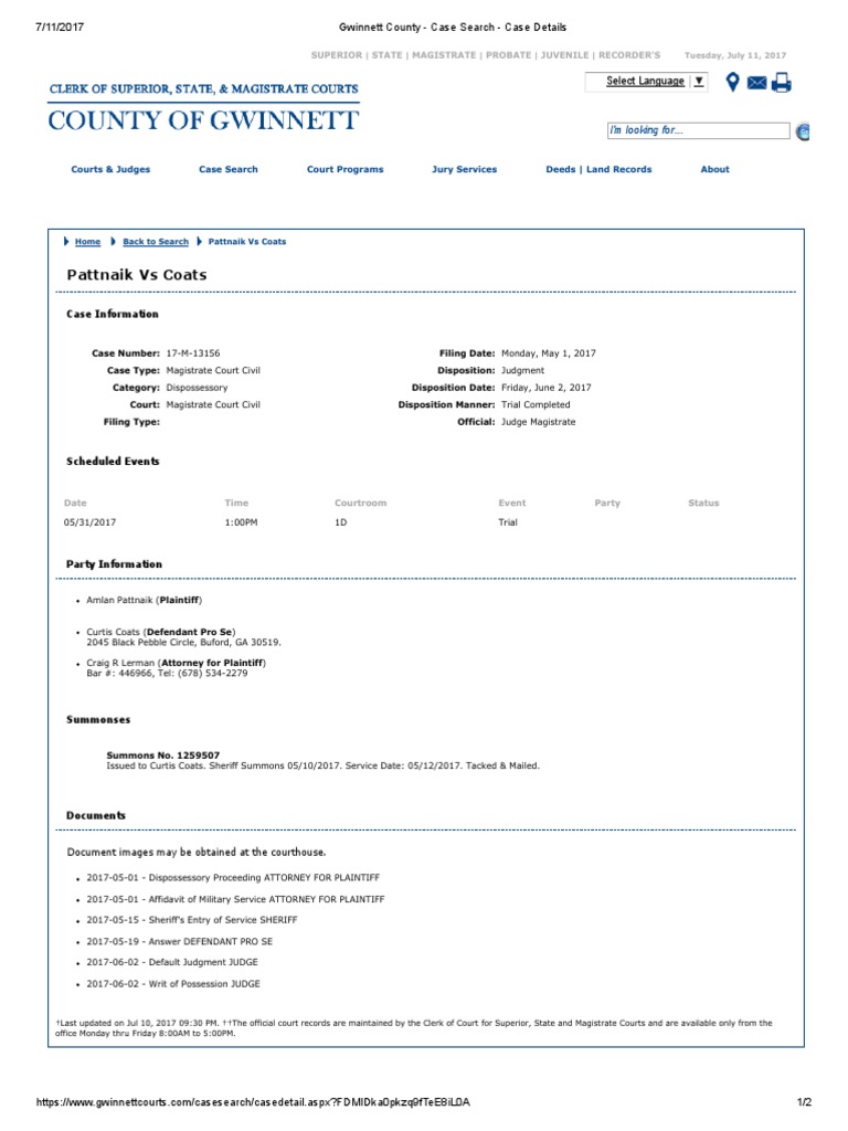 Eviction Notice Filed Against Curtis Coats in County, Ga. May 2017 PDF Summons