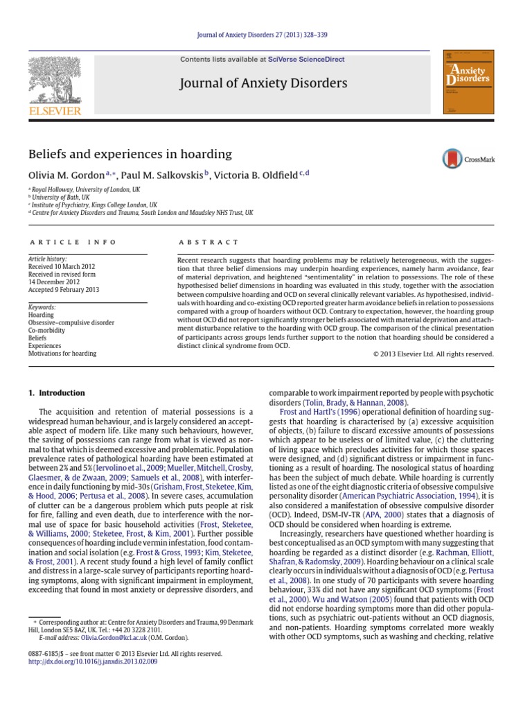 Beliefs and Experiences in Hoarding PDF | PDF | Compulsive Hoarding ...