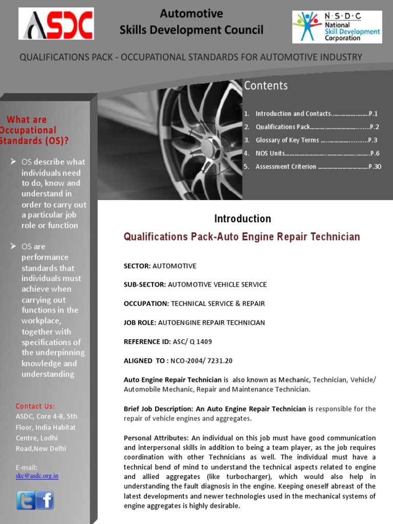 Qualifications Pack for Auto Engine Repair Technicians Roles