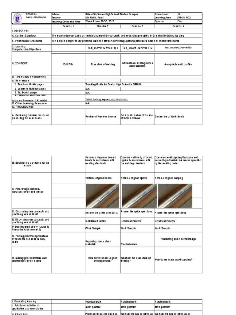 Grade 11 SMAW Daily Lesson Log | PDF | Welding | Construction