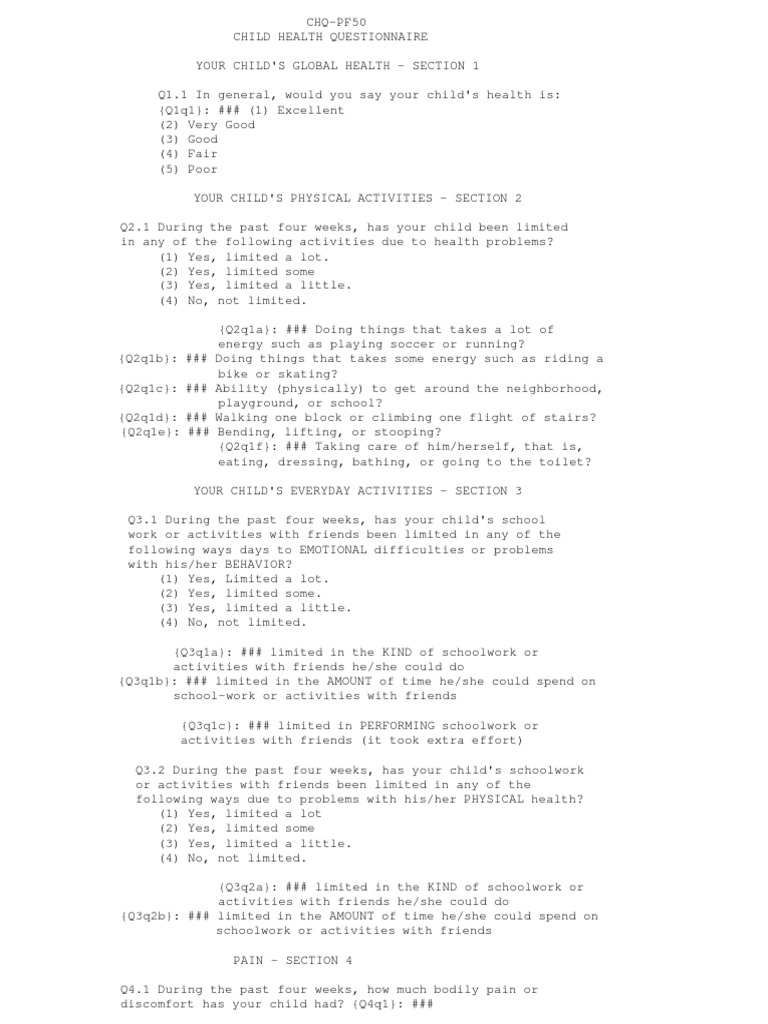 Child Health Questionnaire CHQ-PF50 | PDF | Chronic Condition | Hearing ...