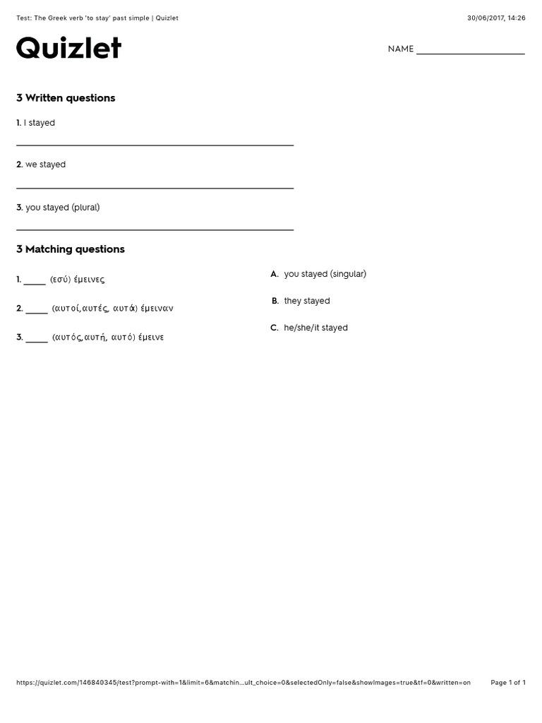 Test The Greek verb �to stay� past simple Quizlet