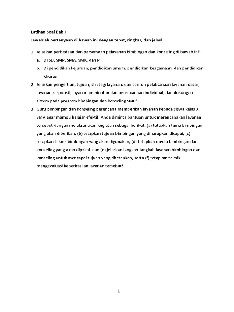 Latihan Soal Bimbingan Dan Konseling Bab 1 Uraian