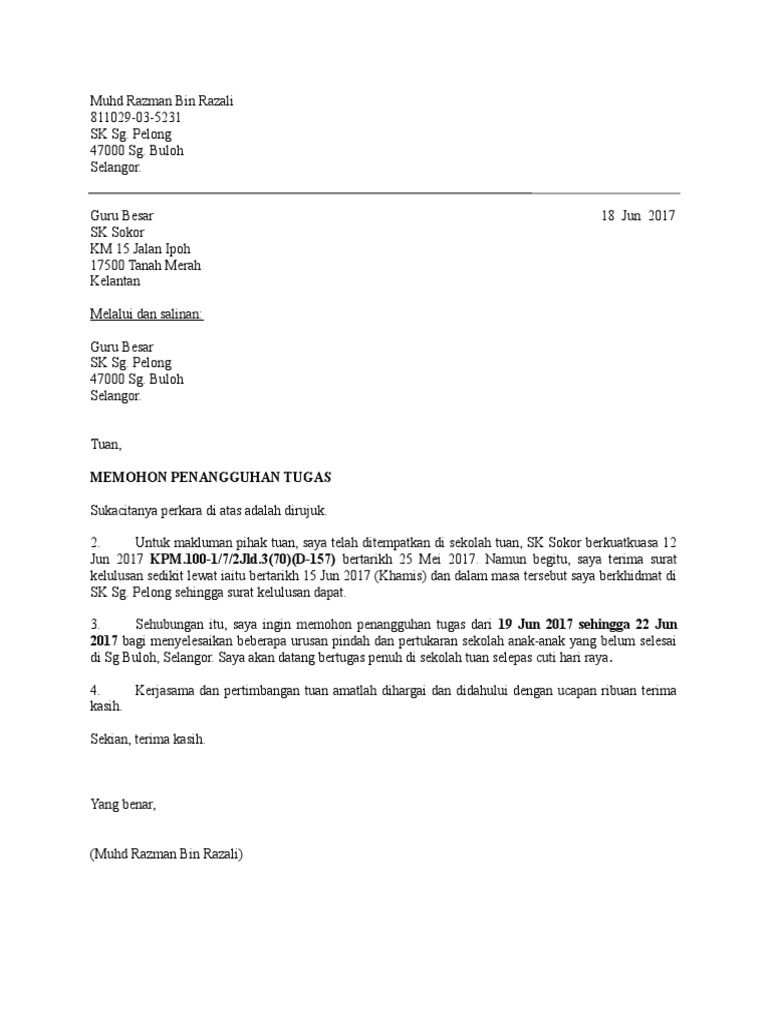 Contoh Surat Penangguhan Kerja 2019