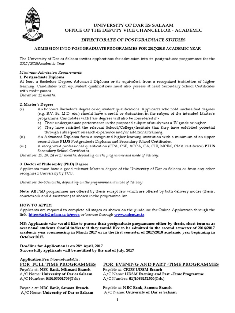 Udsm Advert Postgraduate Programme Final Feb 2017 Academic Degree