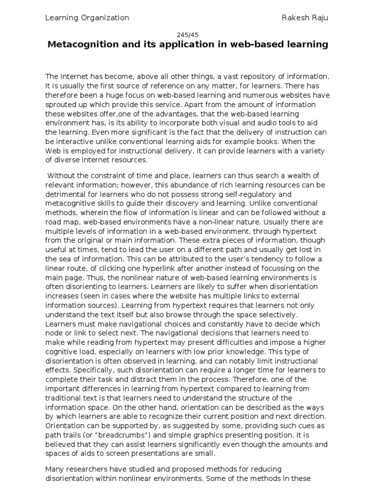 Metacognition in Web-Based Learning | PDF | Metacognition | Educational ...