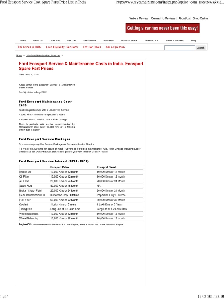 Ford Ecosport Service Cost Spare Parts Price List in India PDF Car Diesel Engine
