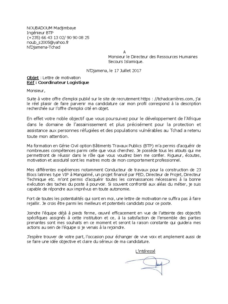 Lettre de Motivation Coordinateur Logistique PDF PDF