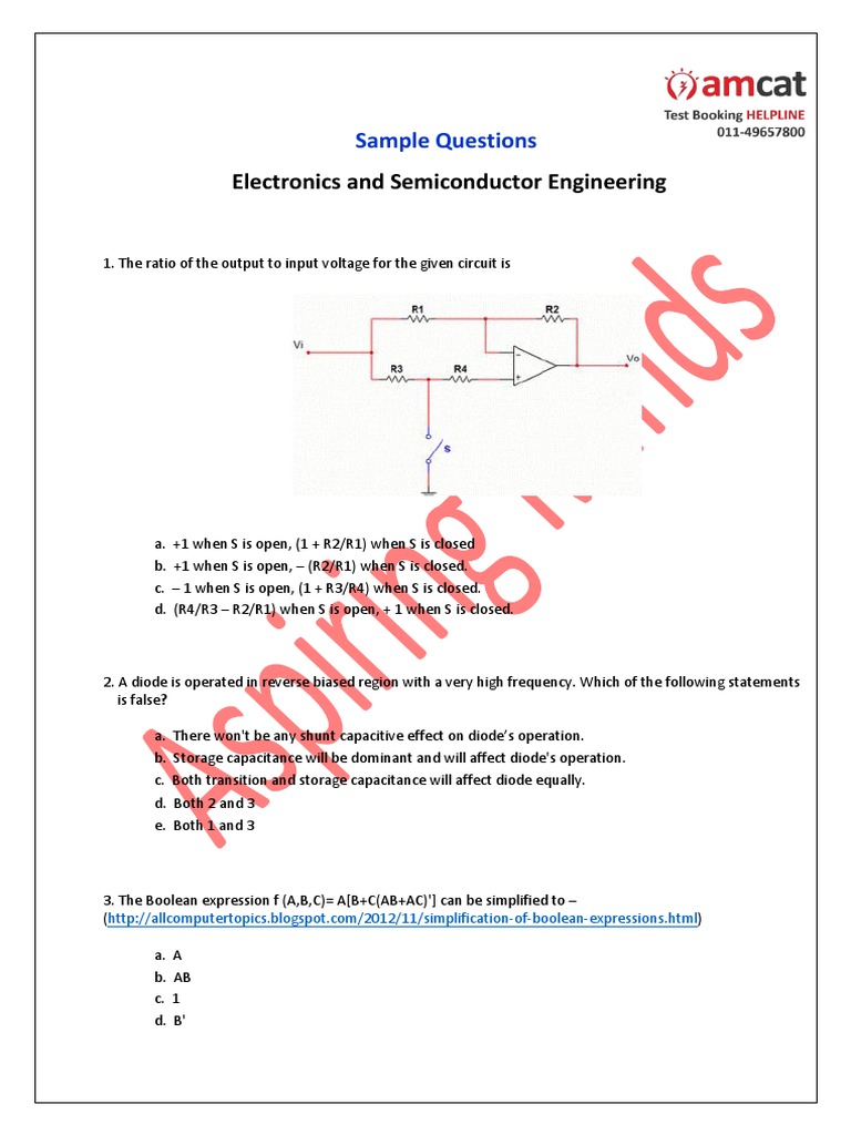 AMCAT Electronics Sample Questions | PDF | Cmos | Diode