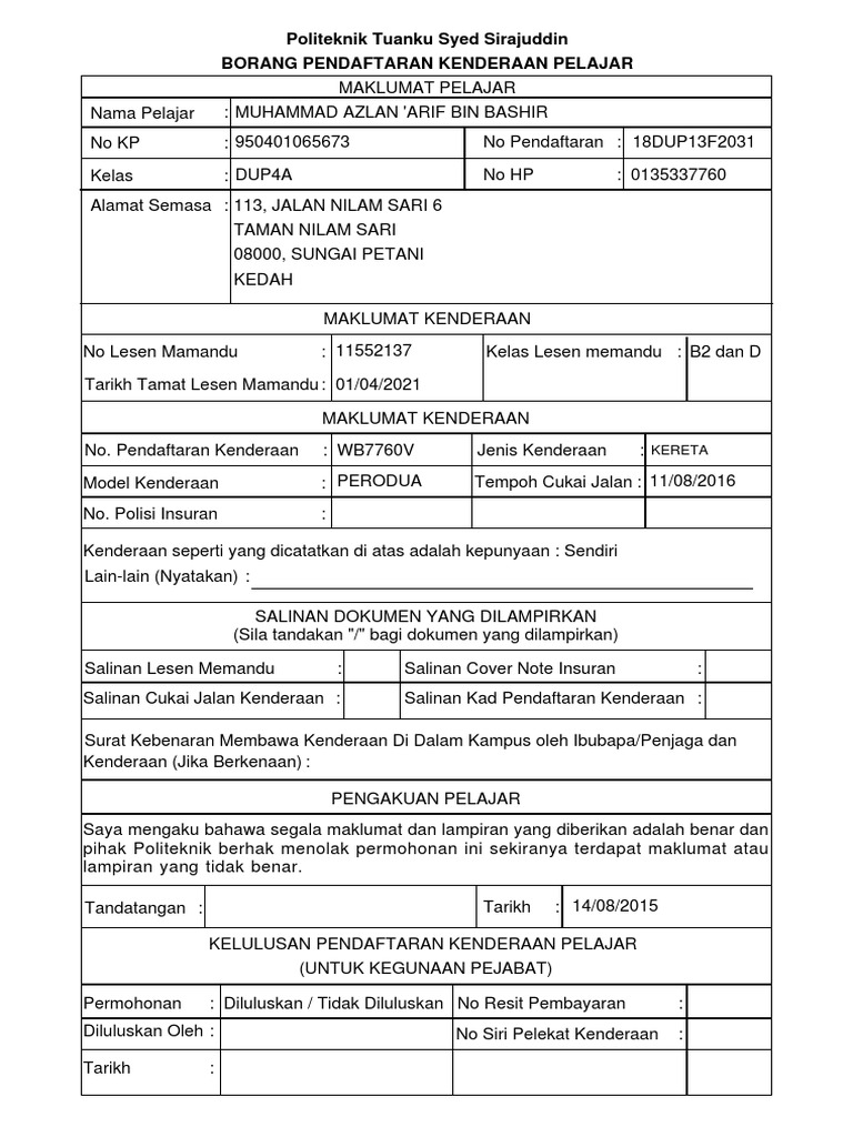 Borang Permohonan Stiker Kenderaan Ptss Pdf