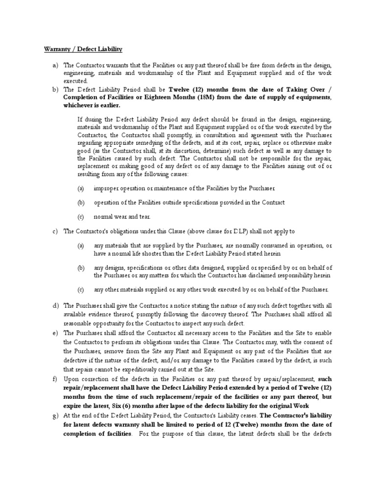 Warranty and Defect Liability Period for Service Contract Indemnity