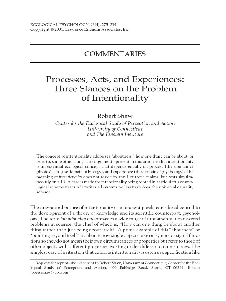 Shaw. Processes, Acts, and Expetiences Three Stances On The Problem of ...